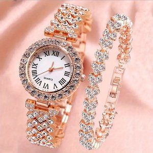 2pcs Watch and Bracelet Set Women Quartz Watch + Heart Bracelet Bling Rose Gold
